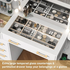 Glass Top Vanity Desk with Mirror & Lights, Large Vanity Makeup Mirror Desk with Charging Station & Compartment Storage Drawers,