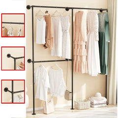 Industrial Pipe Clothing Racks with Double Bar, Industrial Black Clothes Racks Wall Mounted, Heavy Duty Closet Rods