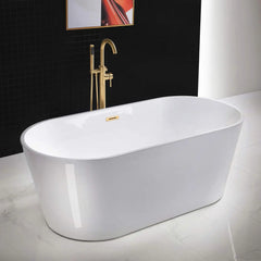 Acrylic Freestanding Bathtub Contemporary Soaking White Tub with Brushed Gold Overflow and Drain Easy to clean bathtub