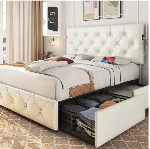 Queen Size Upholstered Bed Frame Ports for Type A & Type C/4 Storage Drawers/Adjustable Headboard, Black Bed Bases