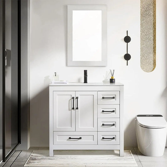 36" Bathroom Vanities Cabinet with Sink Combo Set Undermount Ceramic Sink w/Thickened Wood Painted Surface White