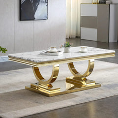 47 inch White Marble Coffee Table with Mirrored Stainless Steel Metal Base, Rectangle Faux Marble Top Coffee Tables Center Table