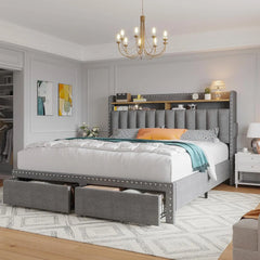 King size bed frame with storage space and headboard, king size bed frame with 2 drawers, noiseless and no need for a spring box