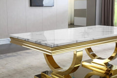 47 inch White Marble Coffee Table with Mirrored Stainless Steel Metal Base, Rectangle Faux Marble Top Coffee Tables Center Table