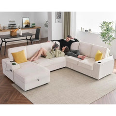 U Shaped Sofa, 7 Seater Sofa with USB Ports, Sectional Sofa Couch with Storage Chaise, Corduroy Beige