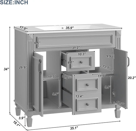 36” Bathroom Vanity with Sink, Freestanding Single Bathroom Sink Vanity Cabinet Set with 36” Countertop & Integrated Sink