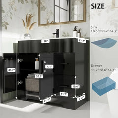 36" Bathroom Vanities Sink Combo Set, Modern Cabinet w/Wave Lines, Undermount Ceramic Sink w/Matte Black Faucet Drain