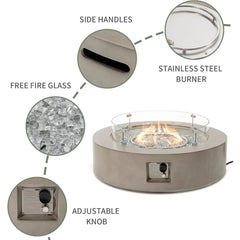 Outdoor Propane Fire Pit Coffee Table w Gray 40.5-inch Round Base Patio Heater, 50,000 BTU Stainless Steel Burner, Wind Guard