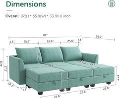 Convertible Sectional Sleeper Sofa with Storage Seats Modern Modular Sofa Sectional Couch with The Ottomans, Aqua Blue