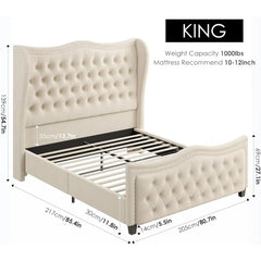 King Bed Frame, 55" Headboard Upholstered Beds, Velvet Handmade Pleats Deep Button Tufted Wingback Platform Beds, Bed