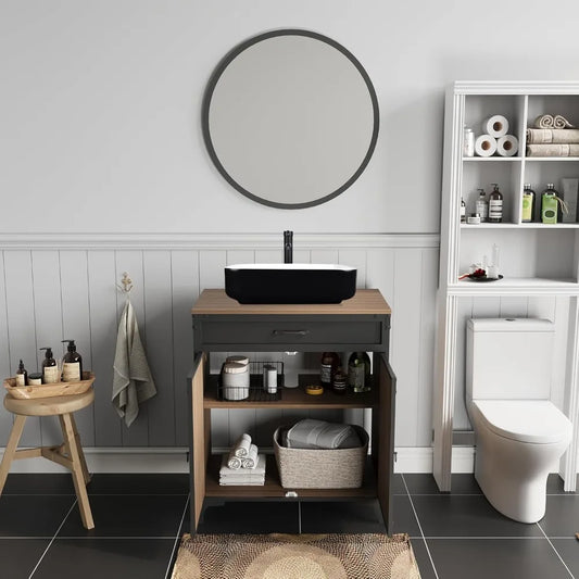 Bathroom Vanity,Bathroom Vanity with Sink Combo Set, Brown Modern Wood Bathroom Cabinet with Black & White Ceramic Bathroom Sink