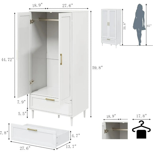 Bedroom Armoire Wardrobe Closet with Hanging Rod,60" 2 Door Almirah for Clothes with Drawers,Morden Storage Cabinet,White