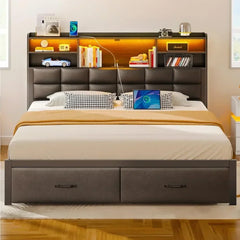 Bed Frame Queen Size with Drawers and Charging Station, Upholstered Platform Bed with Storage Headboard and LED Light,Bed Frames