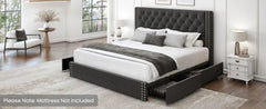 Queen Size Upholstered Bed Frame with Storage Velvet Platform Tufted Bed Frame with 4 Drawers and Headboard,  Black Bed