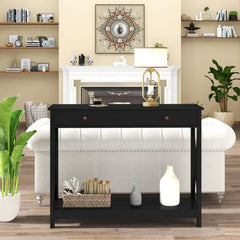 Black Console Table with Drawer and Storage Shelves, Foyer Sofa Table Narrow for Entryway, Living Room, Hallway