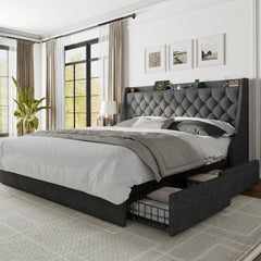 King Size Bed Frame with 4 Storage Drawers, Upholstered Storage Bed with Charging Station, Tufted Wingback Storage Headboard