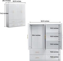 3 Door Closet Wardrobe, Armoire with 3 Drawer and Hanging Rod, Freestanding Closet Cabinet, Clothes Storage Organizer, Wardrobes