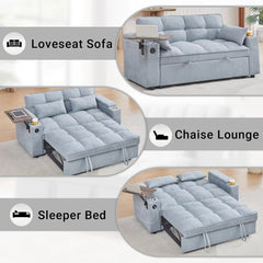 3 in 1 Sofa Bed, Pull Out Couch with Side Table, 65'' Convertible Loveseat with Adjustable Backrest, Chaise Lounge with USB and