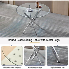 36'' 5 Piece Dining Table Set, Glass Dining Table with 4PCS Gray Tufted Dining Chairs, Silver Legs, Table and Chair Set for 4