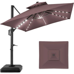 10x10ft 2-Tier Square Cantilever Patio Umbrella with Solar LED Lights, Offset Hanging Outdoor Sun Shade