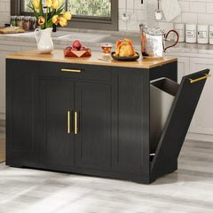 53 Inch Large Rolling Kitchen Island with Trash Can Storage Cabinet, Portable Mobile Islands Table Long Floating Movable