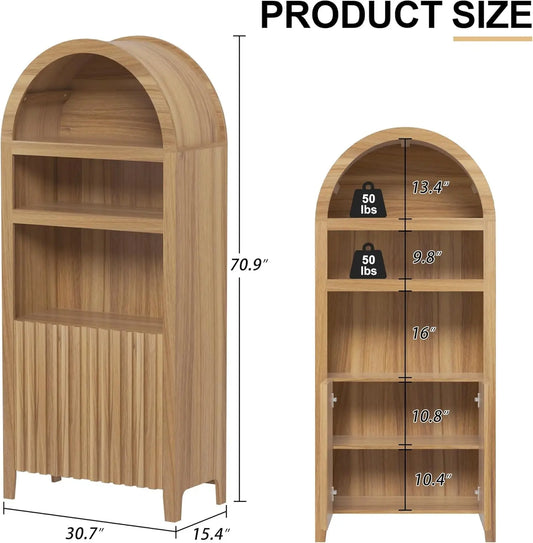 71" Tall Arched Cabinet Bookcase, 5-Tier Arched Bookself with Doors, Arched Bookcase Cabinet with Storage,Display Cabinet