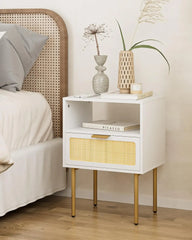 Rattan Nightstand with Charging Station, 2 Drawer Dresser for Bedroom, Small Bedside Table with 2 Drawers, Night Stand,