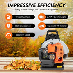 65CC Backpack Leaf Blower Gas Powered 3.6HP 2-Stroke Backpack Blower Gas Blower Air-Cooled Lawn Blower Gasoline Powered