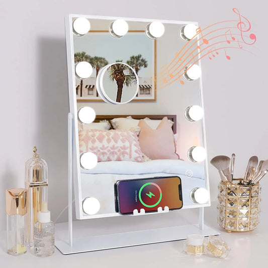 FENCHILIN White Vanity Mirror with Lights Wireless Charger Bluetooth Speaker Hollywood Makeup Mirror with 12 Dimmable Bulbs