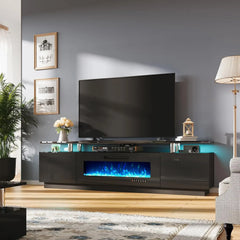 Fireplace TV Stand with 40" Fireplace, 80" Modern High Gloss Fireplace Entertainment Center LED Lights 2 Tier TV Console Cabinet