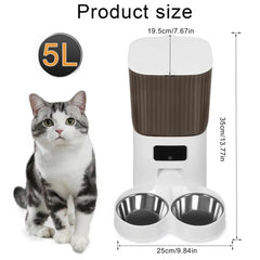 Smart Pet Feeder with Dual Bowls, WiFi APP Remote Control 5L Transparent Storage Bucket Automatic Cat Food Dispenser