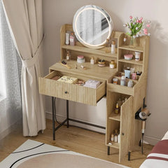 Fluted Makeup Vanity Desk with Mirror and Lights Modern Drawer Storage LED Table Power Outlet Small for Bedroom Dressing