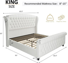 King Size Platform Bed Frame, Chenille Upholstered Sleigh Bed with Scroll Wingback Headboard & Footboard/Button Tufted Cream