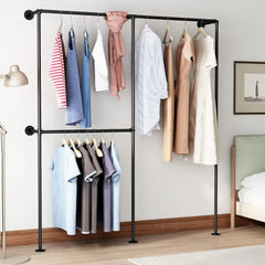 Industrial Pipe Clothing Racks with Double Bar, Industrial Black Clothes Racks Wall Mounted, Heavy Duty Closet Rods