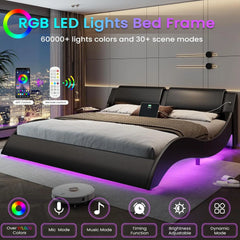 California King Bed Frame with Headboard and Led Lights Modern Cali King Led Bed Frame with USB & Type-c Ports Faux Leather