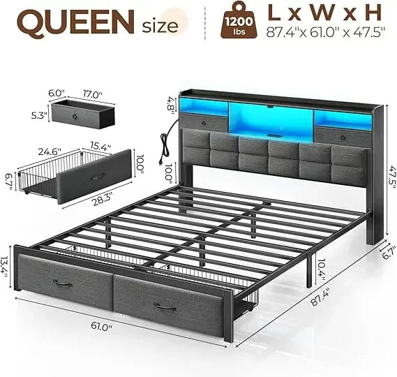 Bed Frame Queen Size with Drawers and Charging Station, Upholstered Platform Bed with Storage Headboard and LED Light,Bed Frames