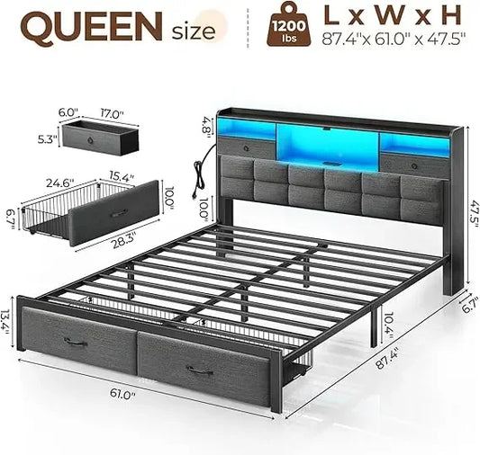 Bed Frame Queen Size with Drawers and Charging Station, Upholstered Platform Bed with Storage Headboard and LED Light,Bed Frames