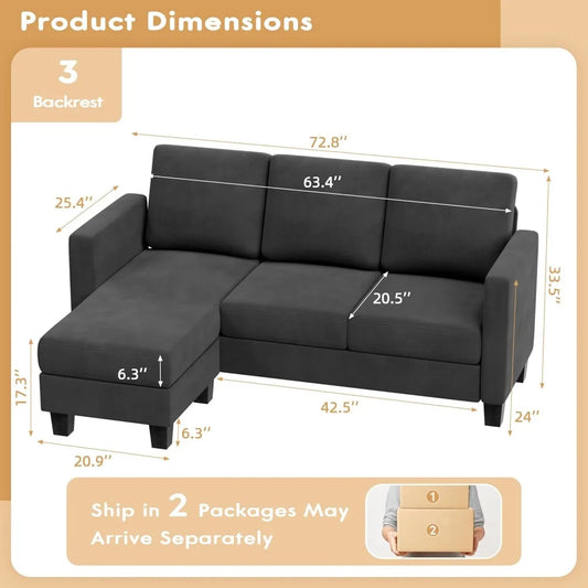 Convertible Sectional Sofa Couch, 3 Seat L-Shaped Sofa with Linen Fabric Ottoman Small Couch for Small Apartments