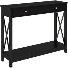 Black Console Table with Drawer and Storage Shelves, Foyer Sofa Table Narrow for Entryway, Living Room, Hallway