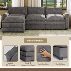 119” Modular Sectional Sofa Couch, Modern Wide Arm L Shaped Couch with Deep Seat and Reversible Ottoman