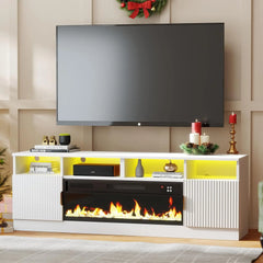 70" Fireplace TV Stand with 38.3" Electric Fireplace & 24 Colors LED Light, Entertainment Center with Fluted Storage Ca