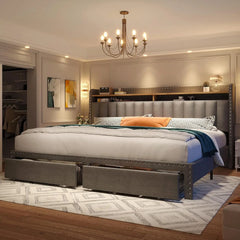 King Size Bed Frame with Storage and Headboard, Upholstered King Bed Frame with Storage, Grey King Bed Frame with 2 Drawers