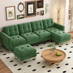 Modern Velvet Large Sectional Sofa with Chaise Ottoman Storage U Shape Couch Living Room Relaxing Comfort with Tufted Cushions