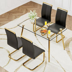 Glass Dining Table Set for 4,5 Piece Dining Table and Chairs Set，Modern Kitchen Dining Room Table with 4 Black PU Leather