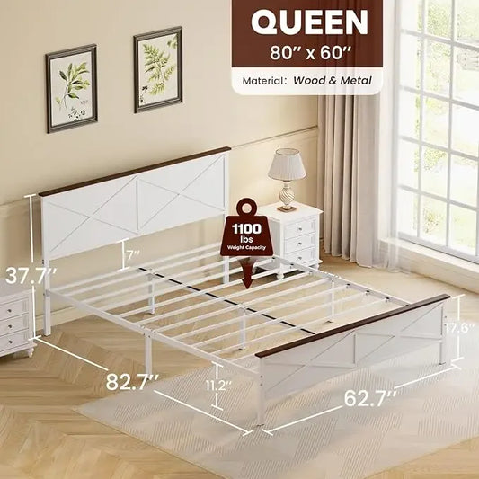 Queen Size Bed Frame with Headboard and Footboard, Under Bed Storage, Sturdy & Stable, Farmhouse Metal Platform Bed Frame