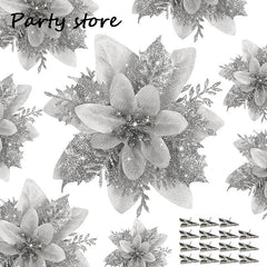 Blue Glitter Christmas Flower 2024 Xmas Tree Artifical Flower Ornaments Merry Christmas DIY Decoration Home Happy New Year Party