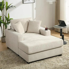 Indoor Oversized Chaise Lounger, Chenille Fabric Sleeper Sofa Couch with Pillows, Charge Station & Cup Holders