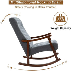 Fabric padded seat, comfortable rocking chair in the living room made of solid wood, modern high back armchair, adult singlesofa