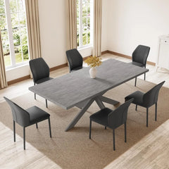 6-8 People Modern Dining Table Rectangular Kitchen Dining Table Space-Saving Expandable Dining Table Metal Frame Wood