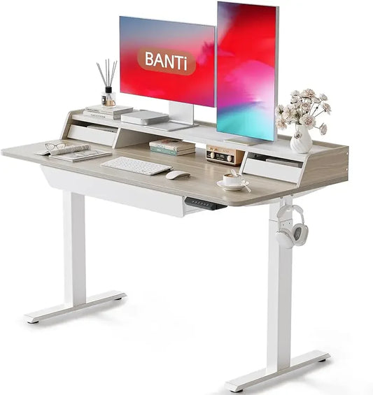 BANTI 55 x 24 Inch Electric Standing Desk with 3 Drawers, Adjustable Height Stand Up Desk, Sit Stand Home Office Desk